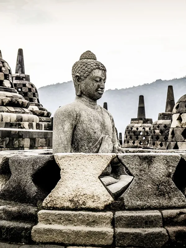 Stone Buddha statue in morning mist at Borobudur, Java, Indonesia
